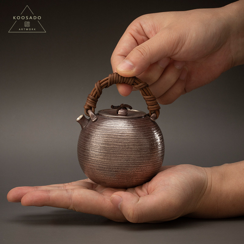 宽山堂999纯银手工制作泡茶壶250ml是真急须藤编提梁日式复古银壶