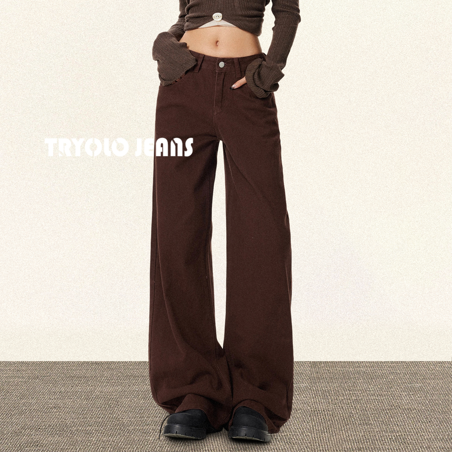 TRYOLO【秋叶回廊】美式复古咖色牛仔裤女宽松显瘦百搭垂感直筒裤