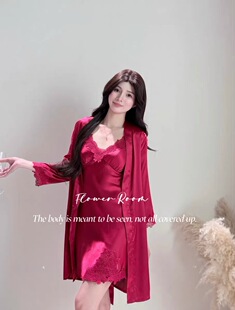 Flower Room红鸳花*重工刺绣花卉吊带睡裙红色性感女人味V领睡衣