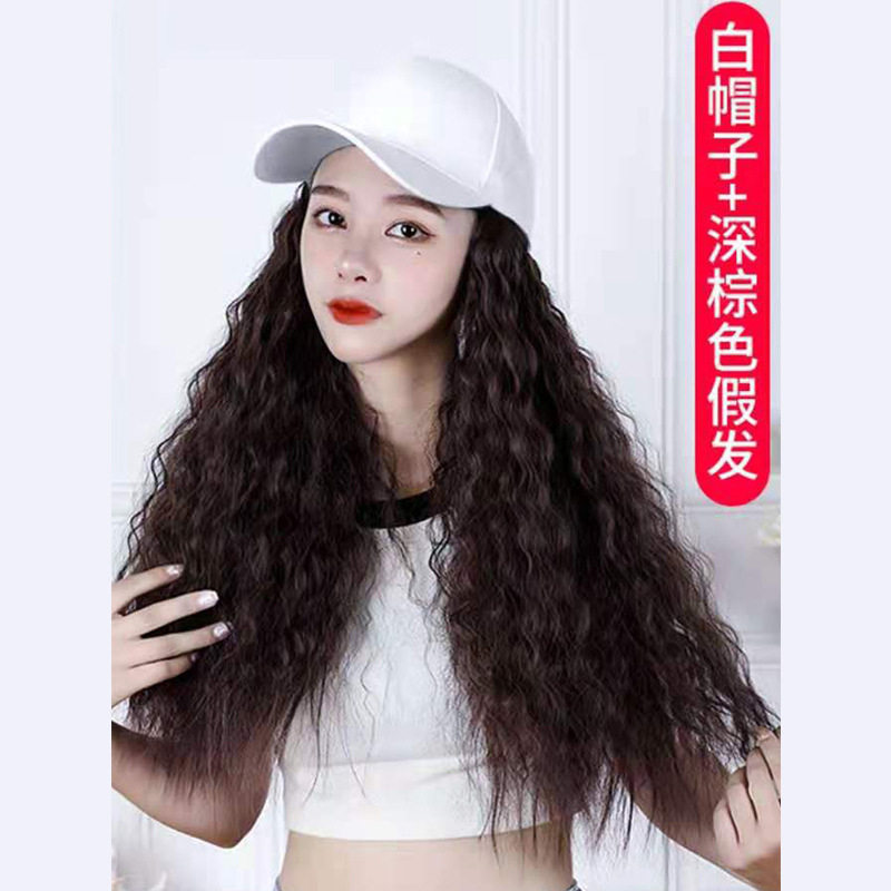 假发女长卷一体假发帽玉米须羊毛卷带帽子新款棒球帽现货自然卷