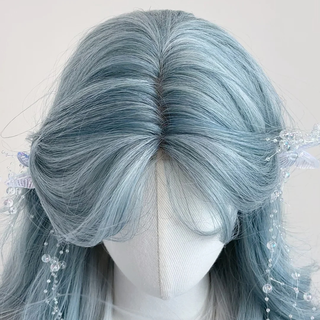 假发女小额蕾丝中分薄荷蓝渐变长卷发气质大波浪氛围感假发全头套