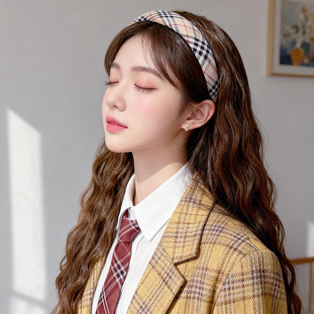 网红英伦格纹发箍假发一体式长卷发颅顶仿真水波纹半头套现货