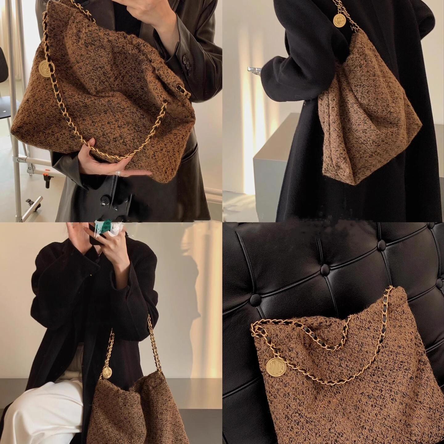 大容量通勤棕色毛呢小香风菱格链条托特包女式新款小众单肩腋下包