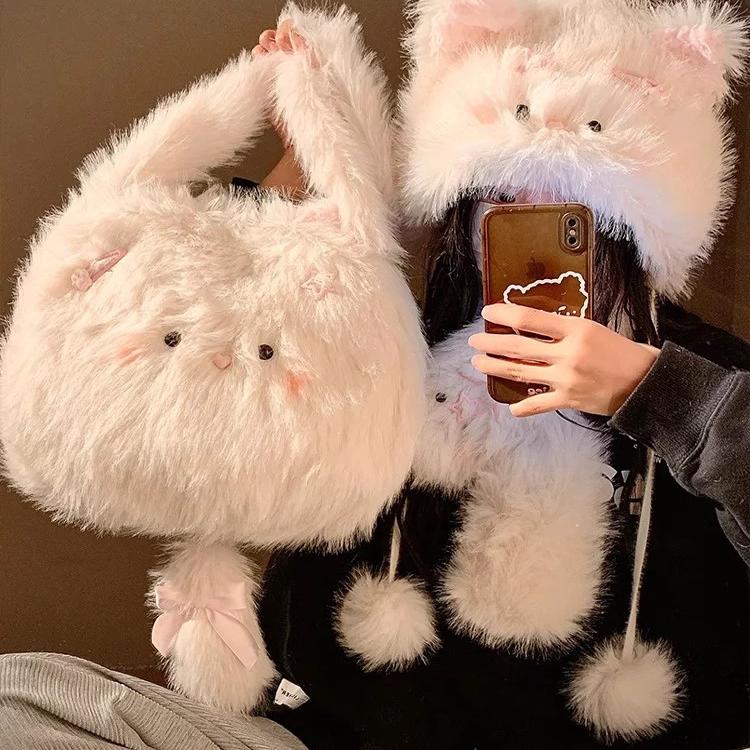 可爱毛绒猫咪手提包包女秋冬大容量单肩斜挎包帽子围巾2025新款包