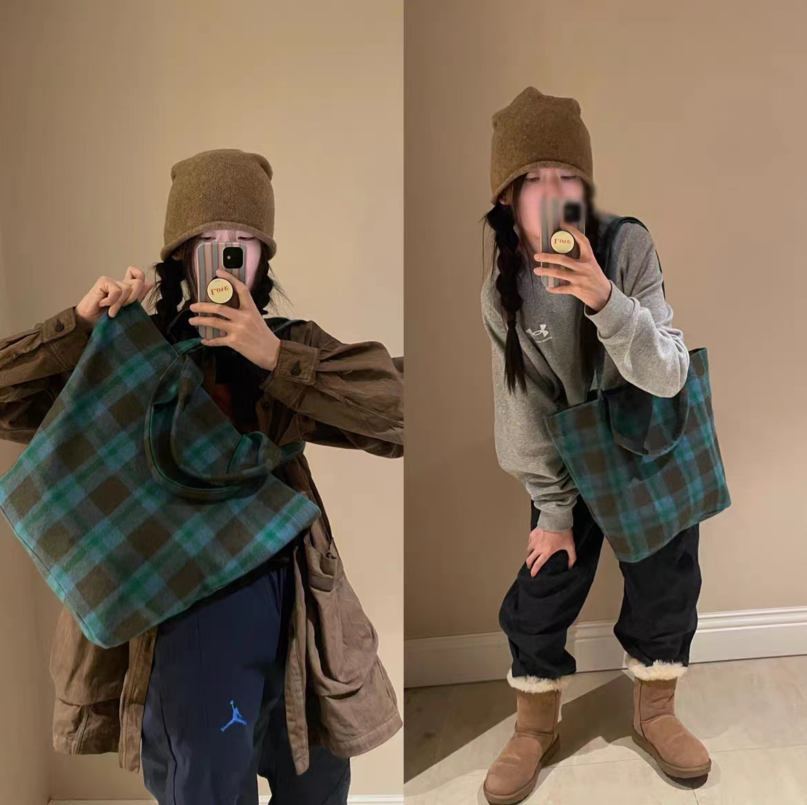 2023秋冬葵绿撞色灰咖格纹羊毛格