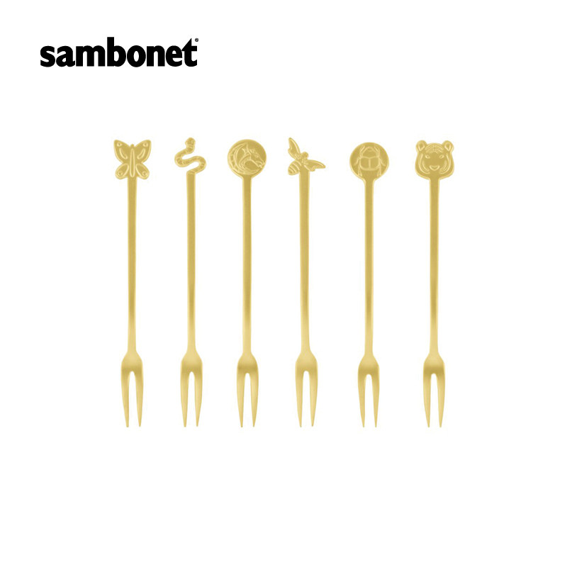 sambonet意大利进口优质18-10不锈钢时尚系列pvd金派对叉勺6件套