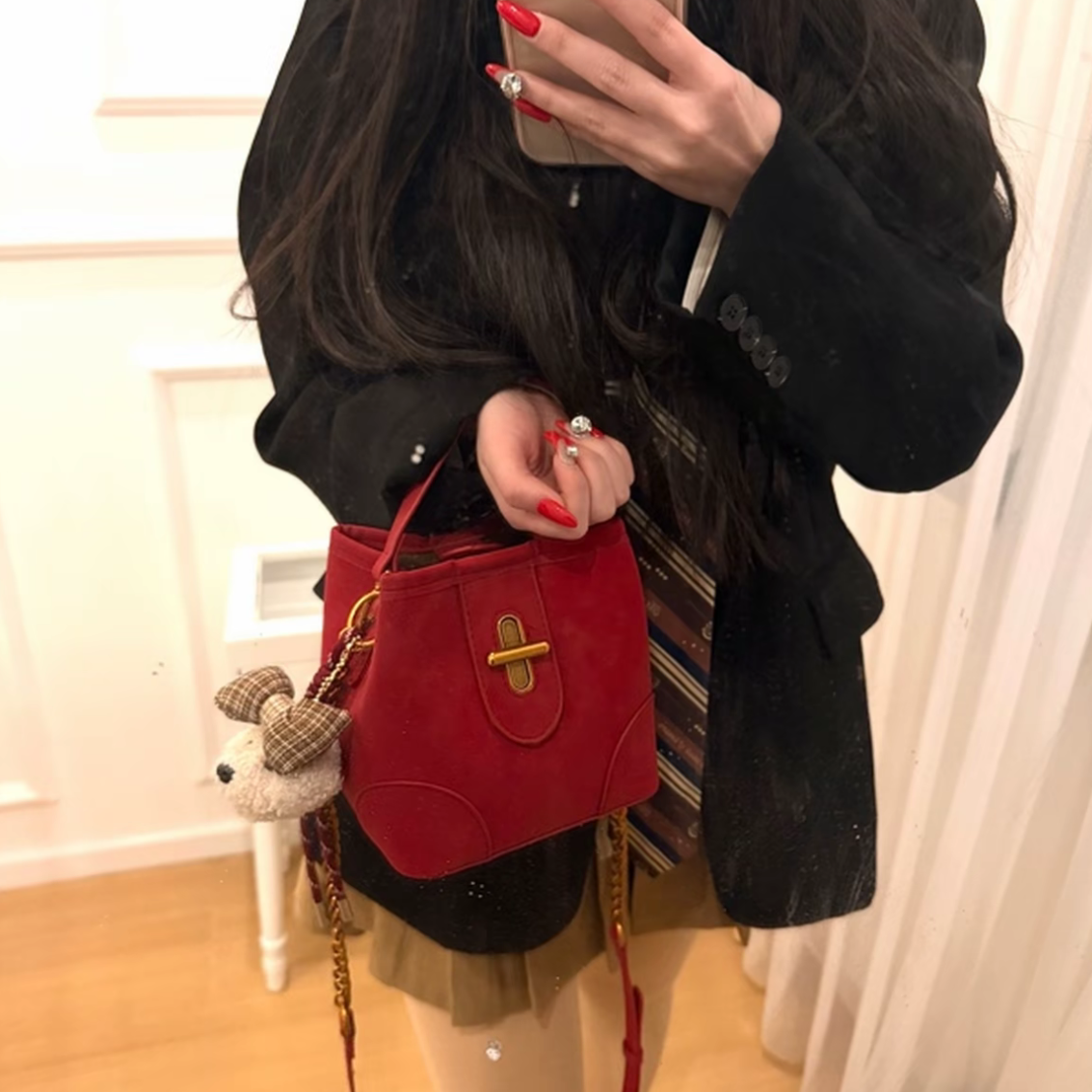 小众轻奢红色水桶包包女2026新款高级感手提包通勤百搭单肩斜挎包,箱包皮具/热销女包/男包,通用款女包,淘宝优惠券,粉丝福利购,淘宝优惠卷