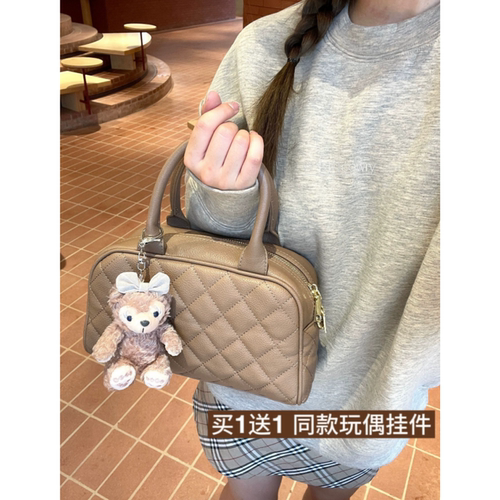 秋冬复古奶茶色菱格手提包包女