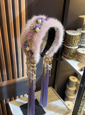 秋冬新品紫粉色镶钻水貂毛发箍水晶流苏头箍高颅顶宽边带齿发卡