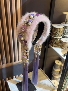 秋冬新品紫粉色镶钻水貂毛发箍水晶流苏头箍高颅顶宽边带齿发卡