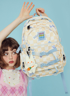 LOLA DESIGN棋盘格双肩包 原创小众高中生书包女大学生校园背包女