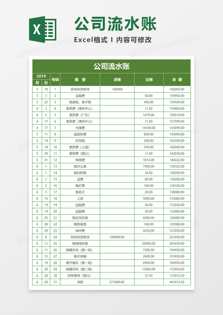 公司流水账excel表格模板素材