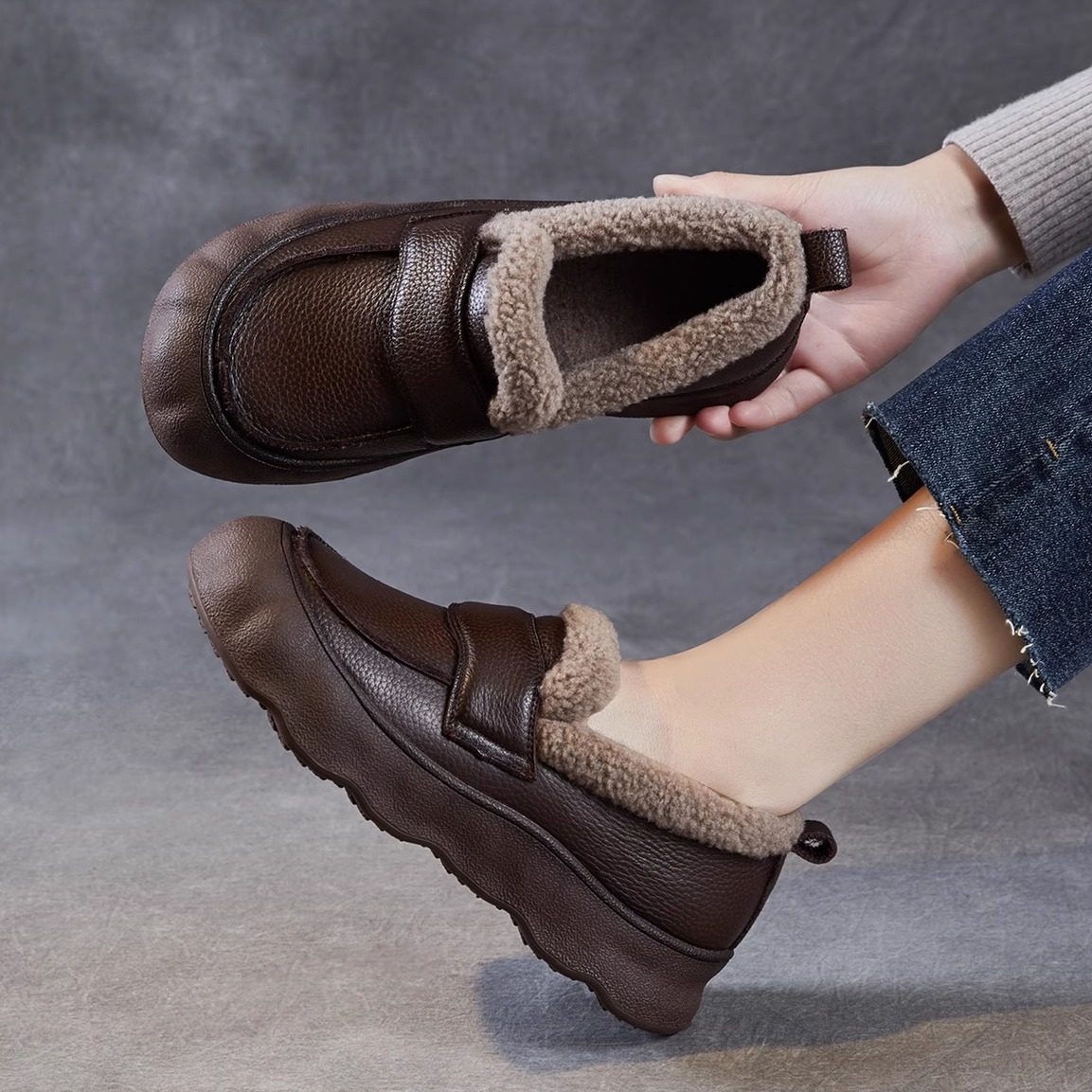 真皮乐福鞋女2025冬季新款一脚蹬平跟软底豆豆鞋加绒保暖妈妈棉鞋,女鞋,棉鞋,淘宝优惠券,粉丝福利购,淘宝优惠卷
