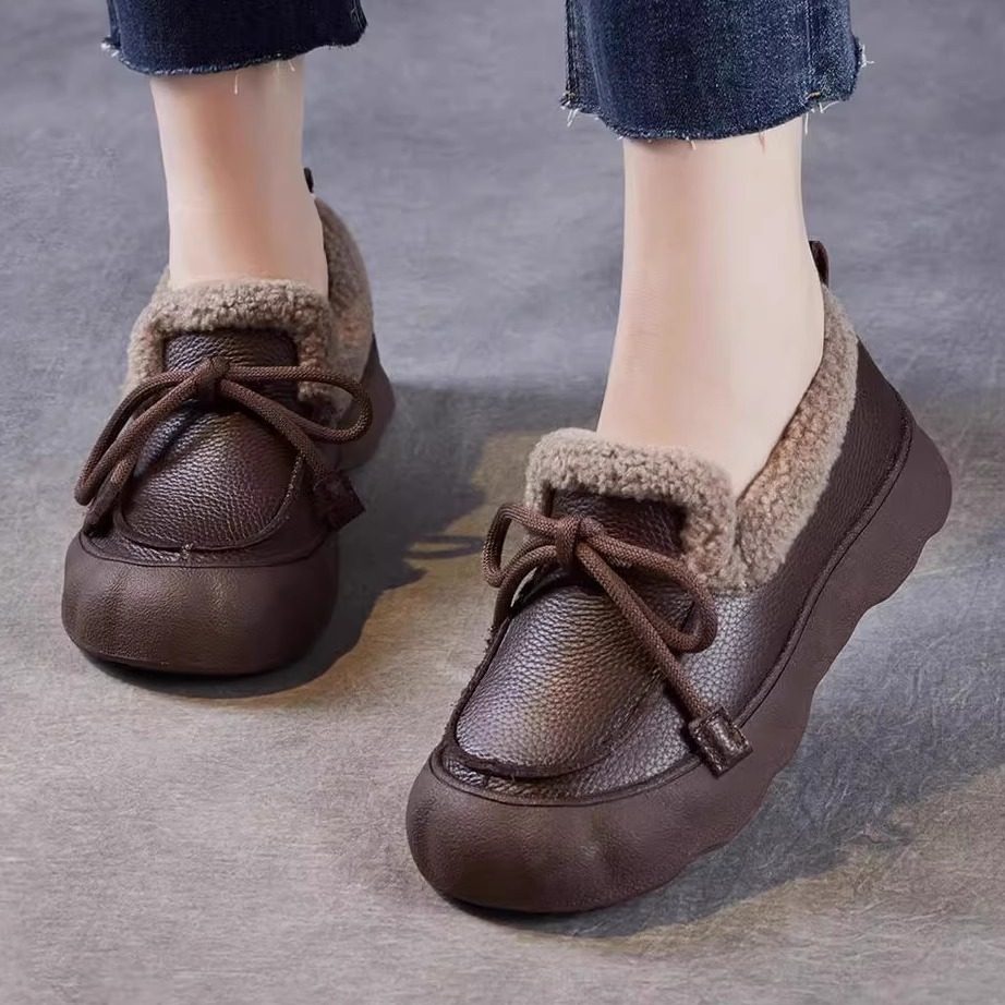 真皮厚底乐福鞋女2025新款冬季加绒保暖头层牛皮复古软底豆豆棉鞋,女鞋,棉鞋,淘宝优惠券,粉丝福利购,淘宝优惠卷