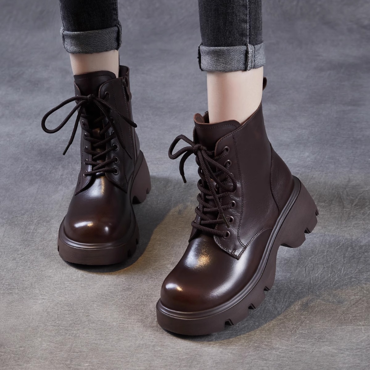 真皮厚底增高马丁靴女2025秋冬加绒头层牛皮英伦复古系带经典短靴