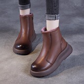 真皮厚底羊毛雪地靴女冬季 加绒保暖东北棉鞋 平跟防滑头层牛皮短靴