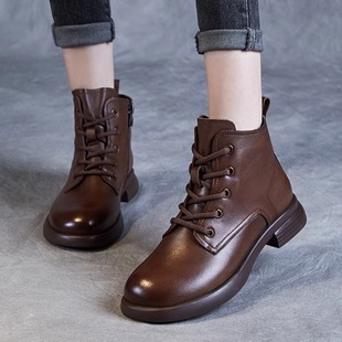 加绒中筒头层牛皮短靴子 单靴英伦风冬季 真皮马丁靴女2025秋季 新款