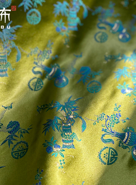 墨绿色织金花瓶福禄织锦缎布料梅瓶东方风服装装饰画马甲衣服面料