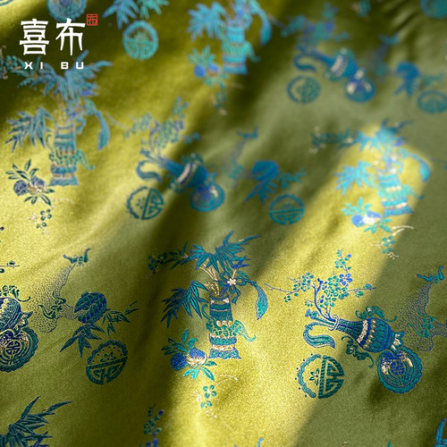 墨绿色织金花瓶福禄织锦缎布料