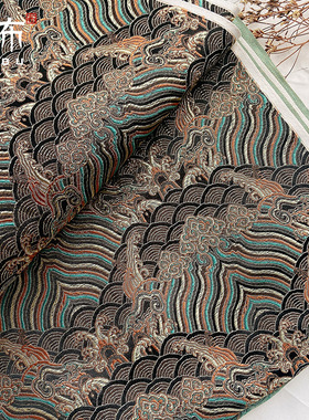 特价!金咖黑色绿色云海崖纹亚光织锦缎布料丝绸缎子云锦古装面料