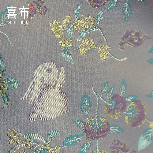 紫色柿子桂花兔子图织锦织金面料