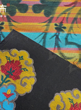 民族风织金织锦缎花卉服装面料蒙古袍子包装饰马甲包上衣黑色布料