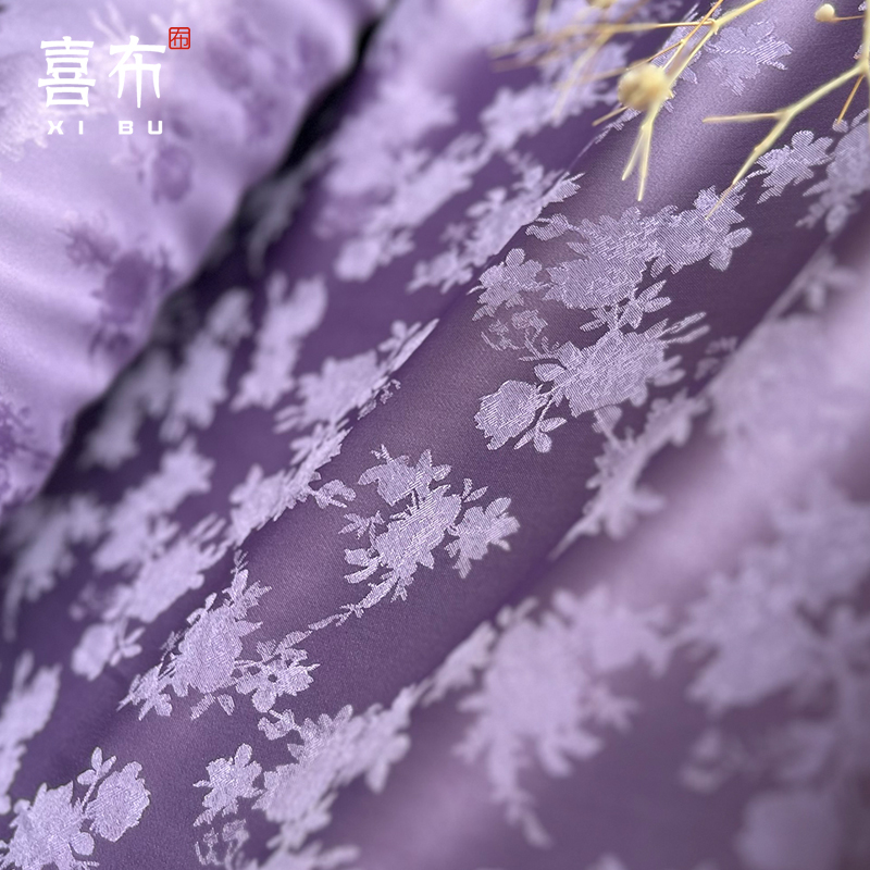 紫色小牡丹缎面汉服提花布料