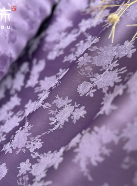 新款 紫色小牡丹缎面提花布料汉服旗袍夏古风外套女装连衣裙面料