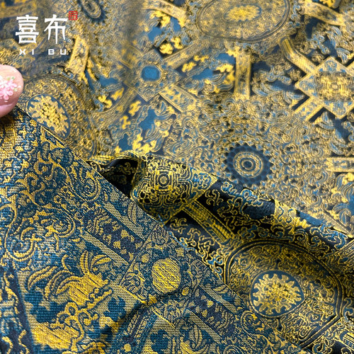 特黑绿八达运中式国风织锦缎面料