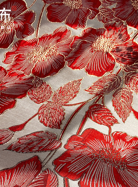 ins韩风亮闪闪blingb米红色立体织金富贵花厘米周岁服提花布料diy