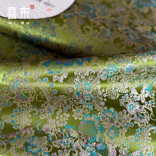 绿色蔓草夔龙纹织手捧花锦缎提花布料中式国风马甲旗袍汉服装面料