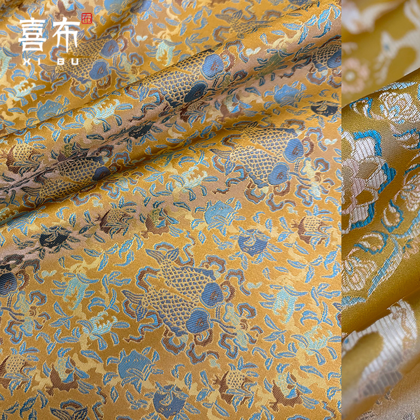 仿宋黄双鱼织锦缎面料年年有余吉祥马甲斗篷服装布料中国手工DIY