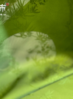 新中式绿色竹叶花鸟人丝仿花罗透气缎面料国风上衣旗袍连衣裙布料