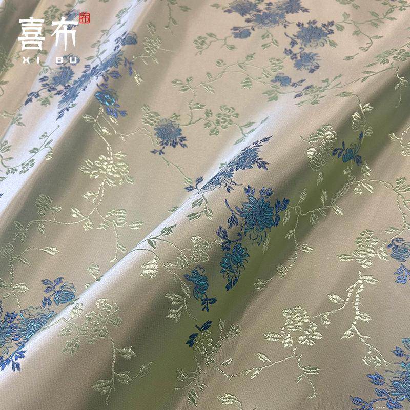 浅绿花枝织锦缎布料素雅古香干净