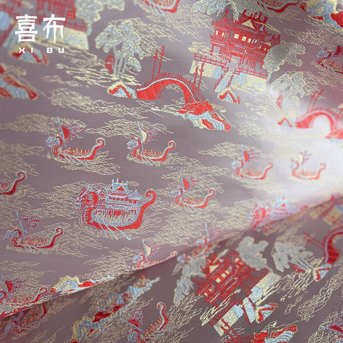 赛龙舟浅粉色织锦缎布料