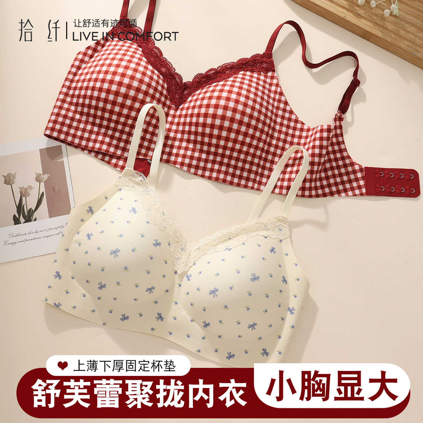 法式蕾丝小胸聚拢内衣女软支撑提拉防下垂无钢圈舒适纯欲风文胸罩