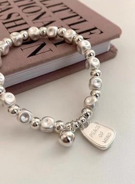 凹面小方块银珠英文吊坠银手链ins冷淡风小众高级感轻奢重工手串