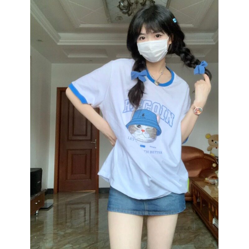 网红清纯甜美小个子学院风穿搭蓝色t恤牛仔短裙辣妹两件套装女夏