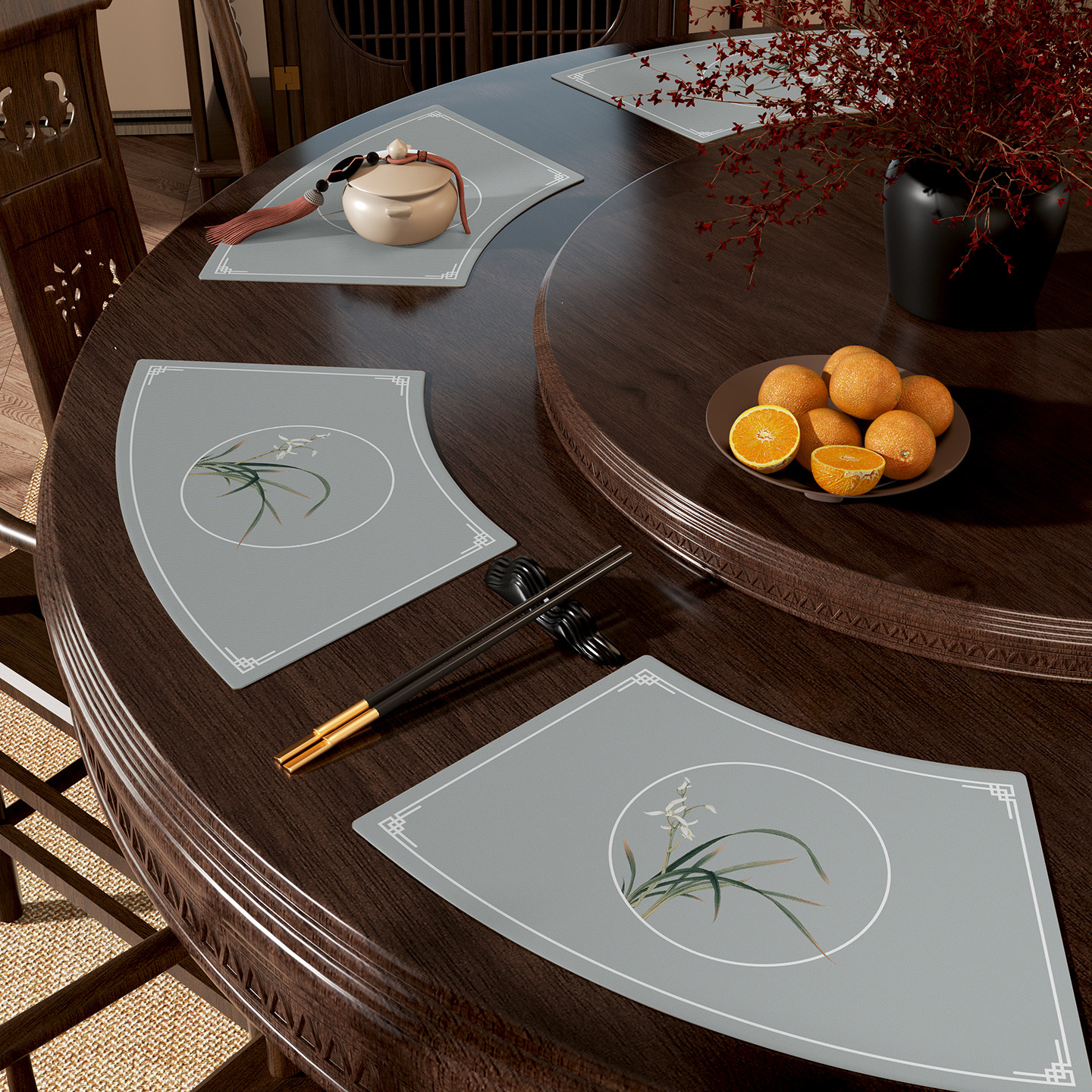 新中式皮革圆桌扇形餐垫防烫垫茶几垫防水防油防烫免洗隔热餐具垫,居家布艺,餐垫,淘宝优惠券,粉丝福利购,淘宝优惠卷