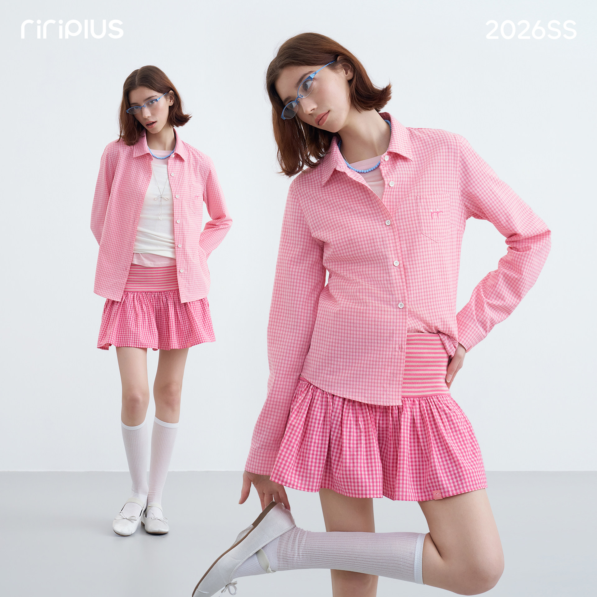 riverstone plus  长袖翻领刺绣格纹纽扣衬衫女格子短裙简约套装
