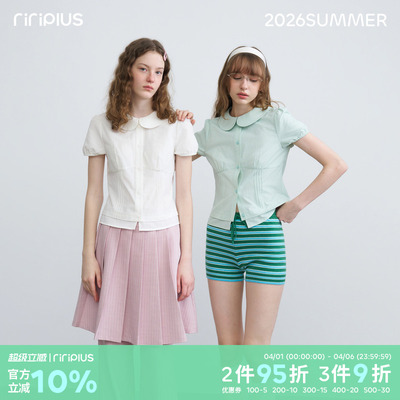 riverstone plus 娃娃领泡泡袖衬衫短袖女夏季修身甜美纯色上衣