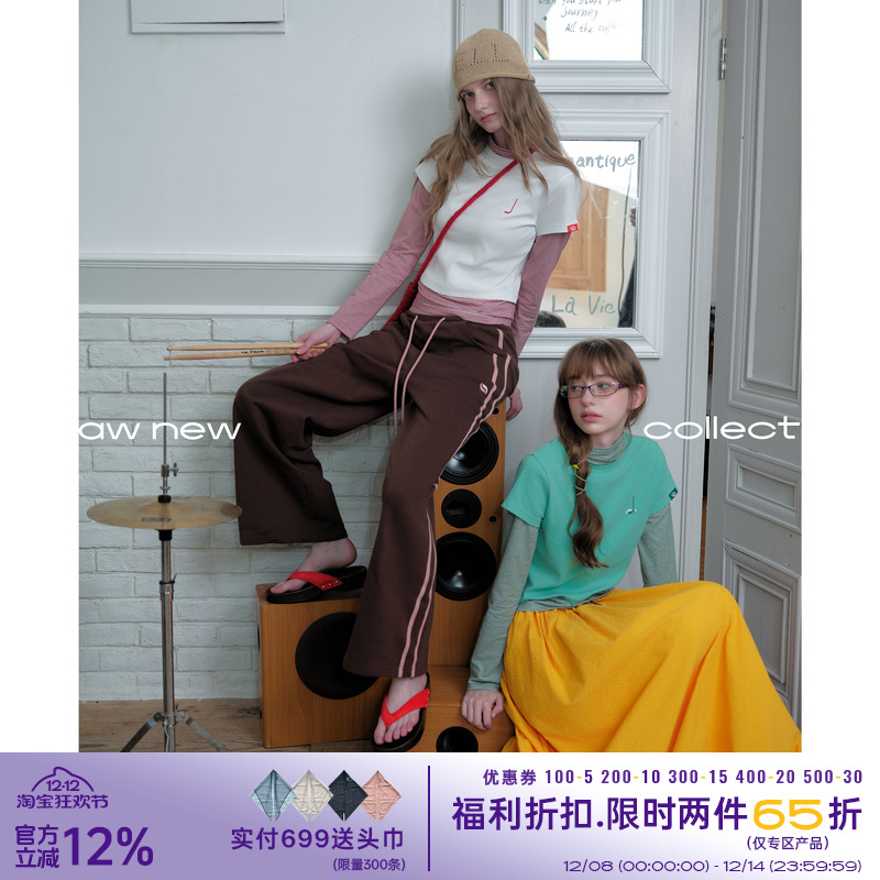 riverstone plus 假两件高领修身条纹长袖t恤女秋季撞色正肩上衣