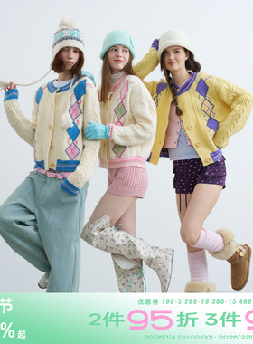 riverstone plus 美式复古学院风菱格纹毛衣女圆领针织麻花纹开衫