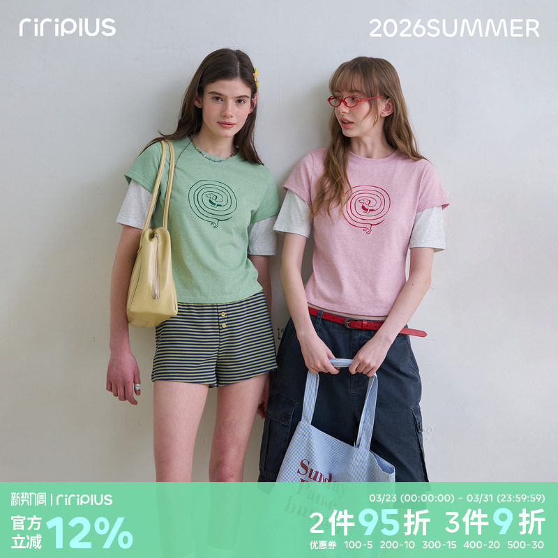 riverstone plus 假两件线条腊肠狗短袖T恤女修身百搭纯色打底衫