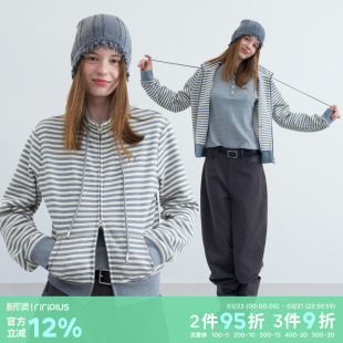 riverstone plus 音符立领抽绳卫衣女春季条纹双拉链侧兜修身外套