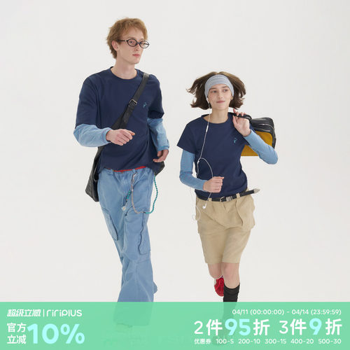 riri plus x rsm圆领假两件拼接条纹长袖T恤男女同款修身撞色上衣