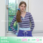 plus 天丝假两件条纹上衣春季 修身 riverstone 正肩V领长袖 T恤女