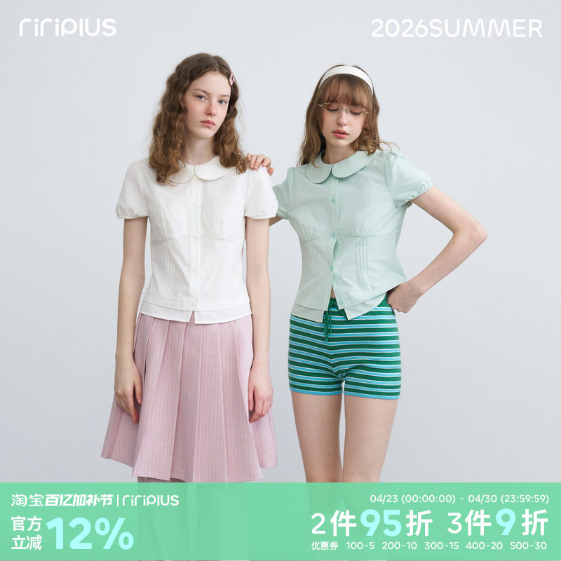 riverstone plus 娃娃领泡泡袖衬衫短袖女夏季修身甜美纯色上衣