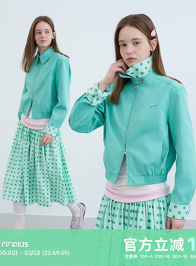 riverstone plus 多巴胺色系翻领波点夹克女时尚感拉链刺绣外套