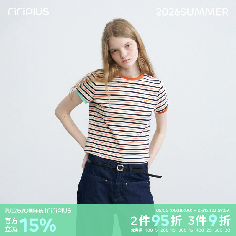 riverstone plus彩条纹圆领撞色短袖T恤女修身显瘦百搭正肩打底衫